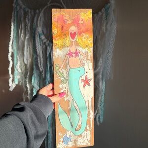 Handpainted Mermaid Wall Plaque in Turquoise and Coral